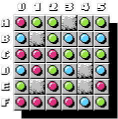 A0=pink, A1=green, A2=green, A4=green, A5=green, B0=blue, B2=green, B3=blue, B4=blue, B5=blue, C0=pink, C1=pink, C2=pink, C3=green, C4=green, C5=green, D0=blue, D1=pink, D3=green, D3=blue, D5=blue, E0=green, E2=green, E3=green, E5=pink, F0=pink, F1=pink, F2=pink, F3=pink, F4=blue, F5=green